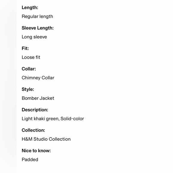 H&M STUDIO COLLECTION PADDED BOMBER JACKET IN LIGHT KHAKI GREEN Sz MEDIUM (NWT) - Picture 7 of 14